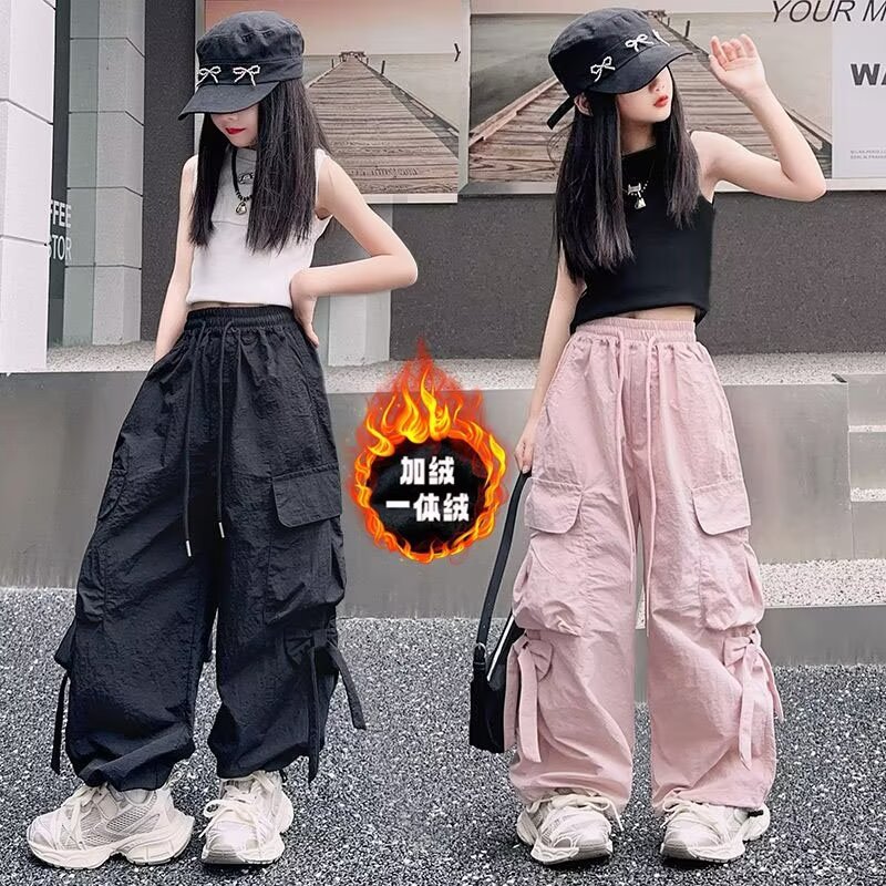 Girls' Crockwear Pants Spring and Autumn 2024 New Children's Trendy Cool Wear Autumn Wear Wide Leg Pants Girls' Big Children's Fleece Pants
