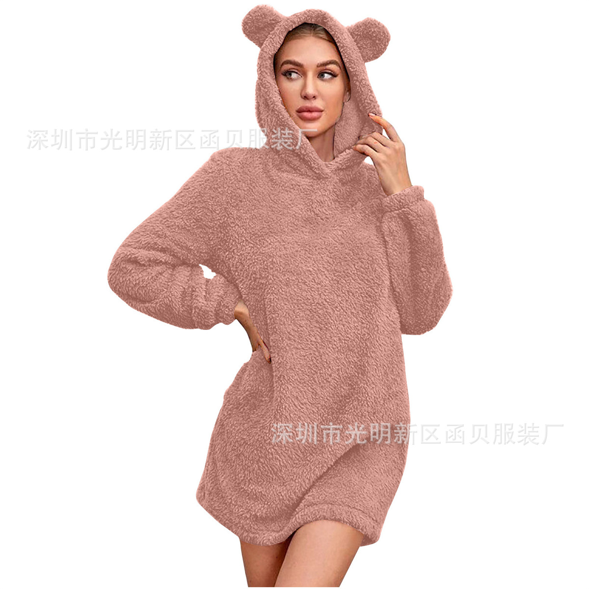 Picture of European and American Cross-border Amazon 2024 Autumn and Winter New Ear Hooded Loose Plush Long Sleeve Women's Wei Skirt Coat