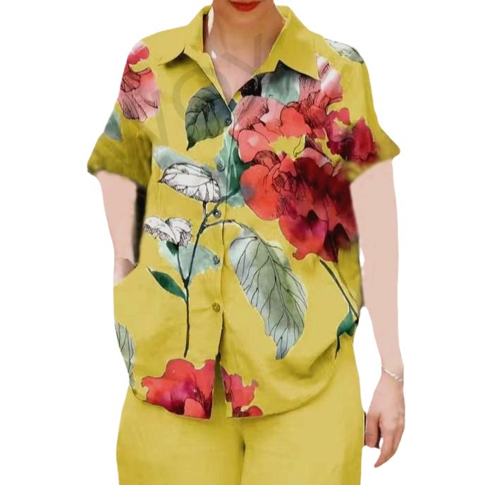 Picture of Amazon Spring and Summer plus size Loose chubby girl Elegant Casual Stylist Age-reducing Printed Shirt with Short Sleeve Lel