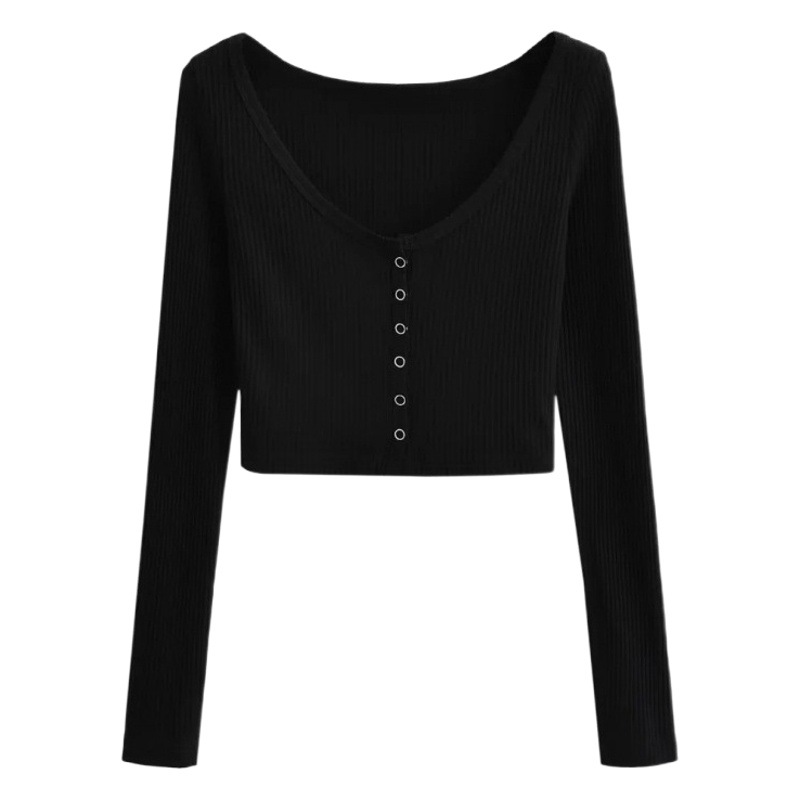 Pure desire style 2023 sexy large V-neck cashmere pit cardigan top women's slim-fit slimming high waist cropped T-shirt