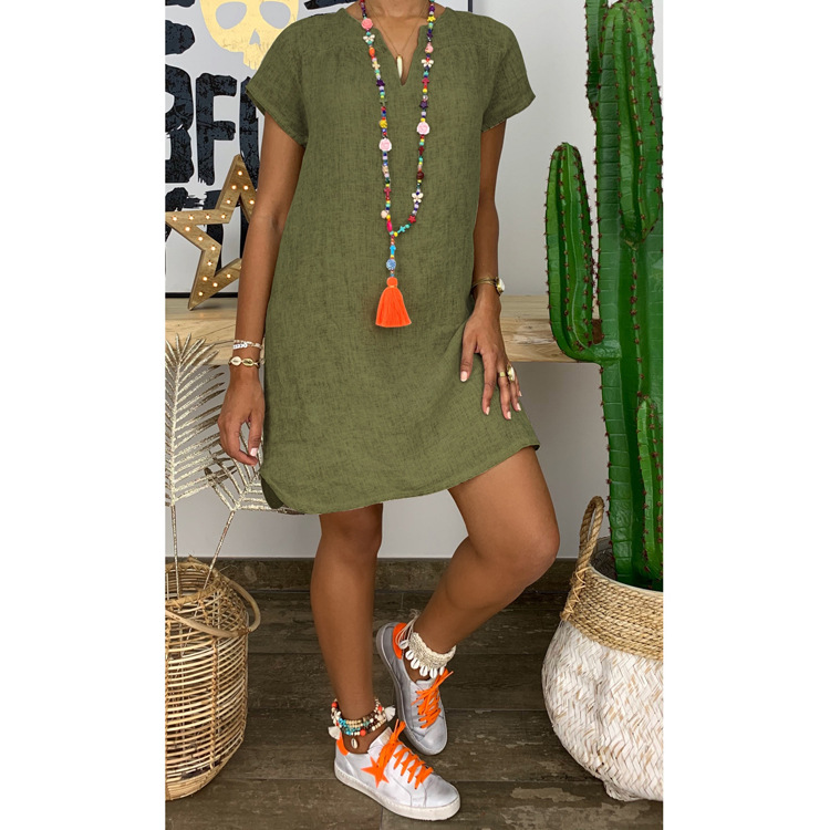 Picture of 2023 New Amazon WISH Hot Spring Summer Loose Skirt Short Sleeve V-Neck Solid Color Woven dress