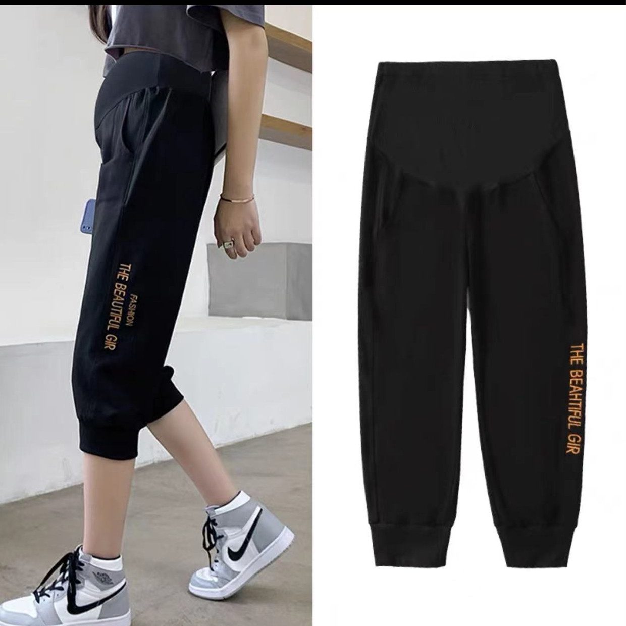 Picture of Pregnant Women's Summer Fashion Outer Wear plus size Belly-supporting Leggings Women's Pregnant Women's Pants Spring and Summer Thin Cotton Cropped Sports Pants