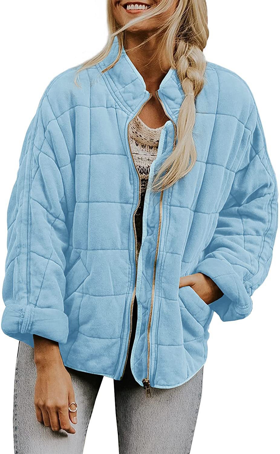 Picture of Cross-border foreign trade Amazon solid color stand collar cotton-padded jacket 2024 European and American women's loose long sleeve pocket jacket