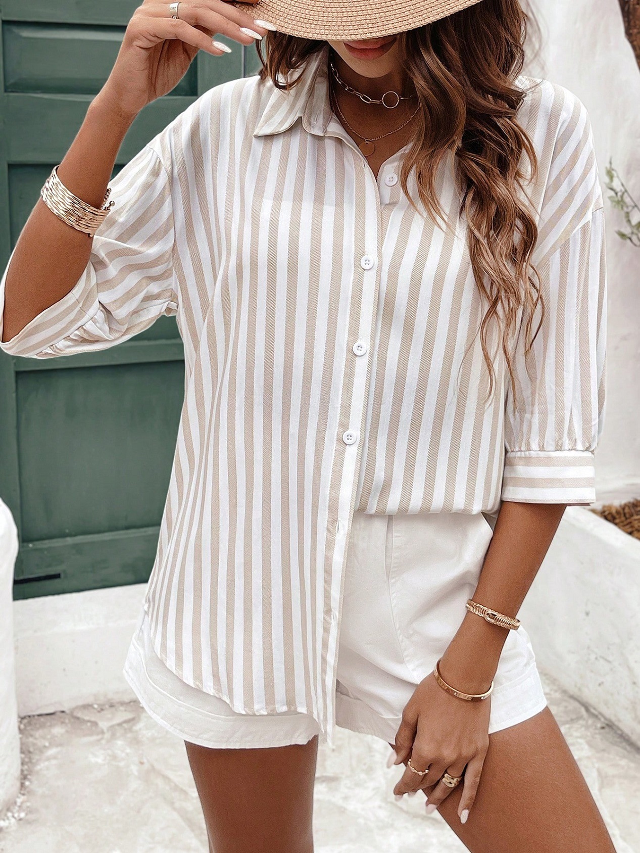 2025 Summer New Arrival French Style Commuter Striped Shirt Women's Mid-Sleeve khaki Shirt Top Fashionable All-Match