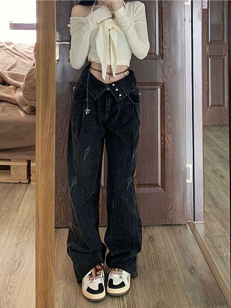 Design Sense Waist Turn-out Jeans Women's 2022 Autumn ins Hot Girl American Style Retro Straight Slim Wide Leg Pants