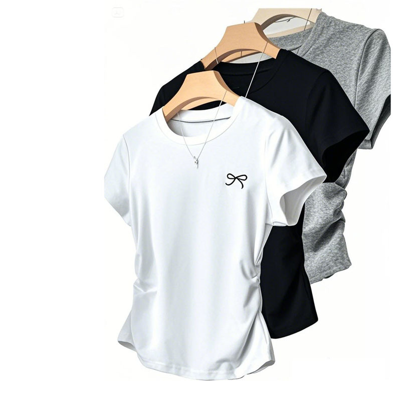 Picture of In-Stock Cute Style Regular Shoulder Short-Sleeve T-Shirt with Printed Waist, Slimming, Versatile Korean Version, Slim Fit, Plus-Size, Slightly Chubby Top for Summer