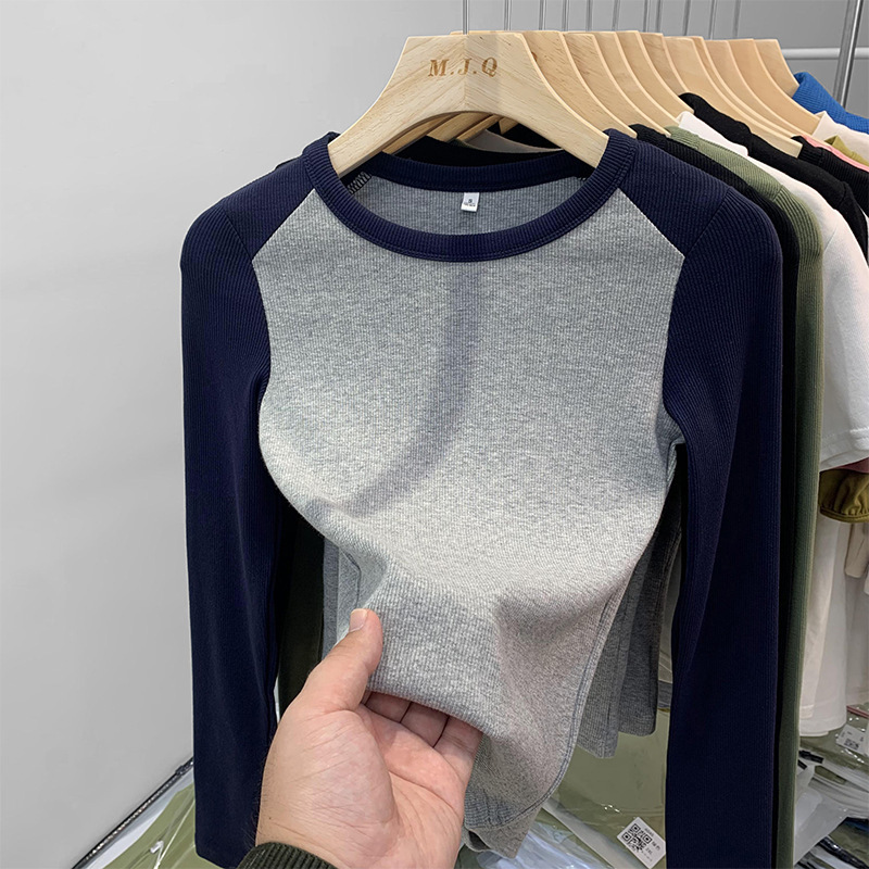 Short European Shoulder Long-Sleeved T-Shirt Women's Early Autumn Western Style Small Shirt Threaded Slim-Fit Slimming Short Base Top Trendy