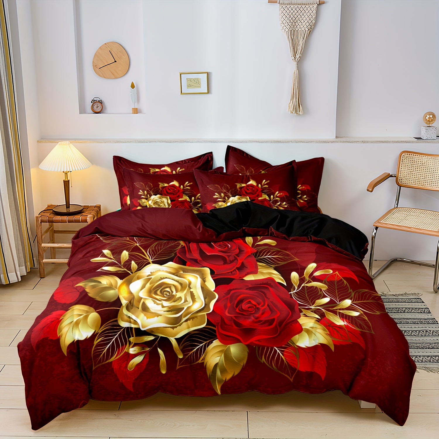 Romantic Rose Golden Floral Print Duvet Cover Cross-border Four Seasons Bedding Soft Bedroom Guest Room Decoration