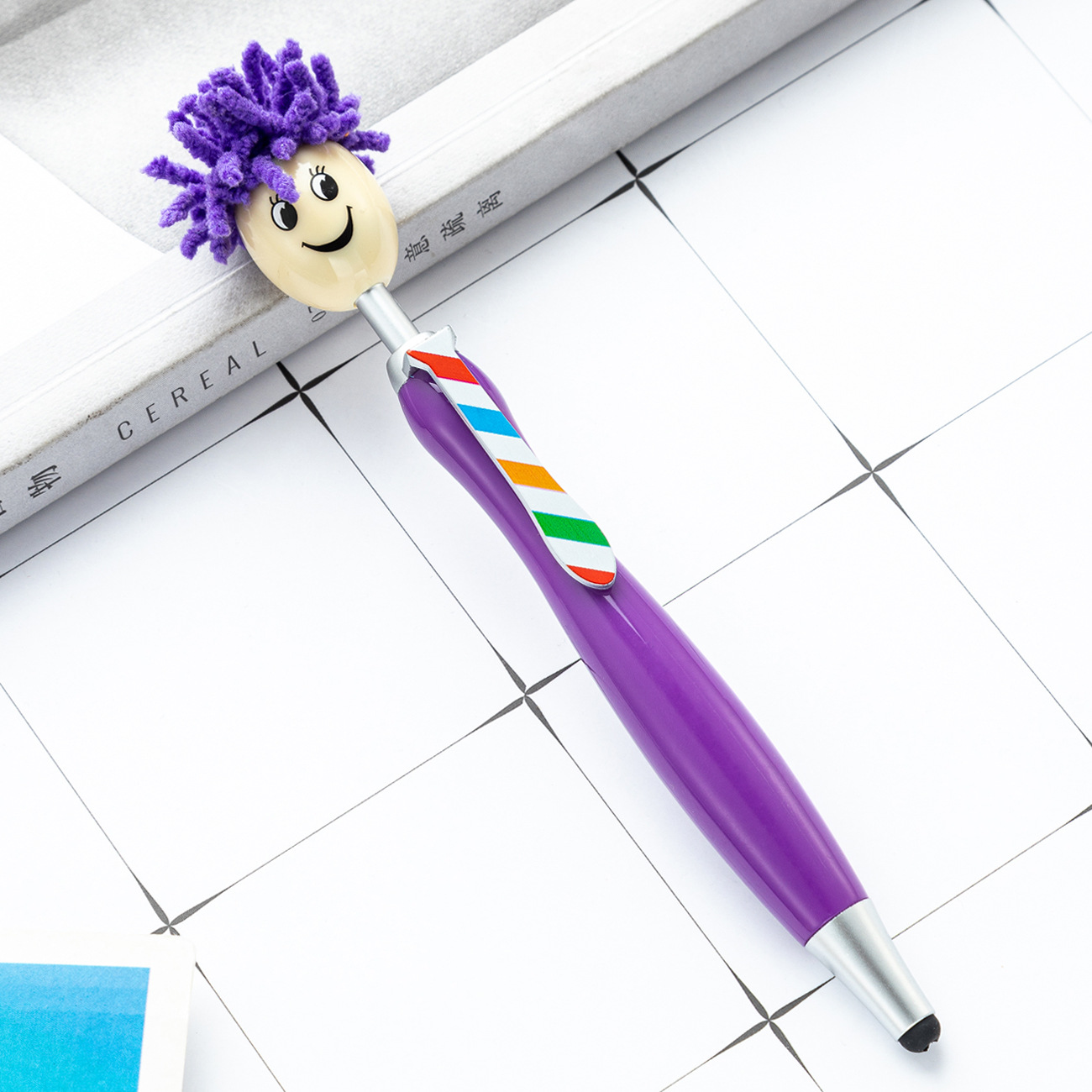 Picture of Cute plush doll head ballpoint pen printable logo three-dimensional cartoon smiley touch pen Christmas gift pen