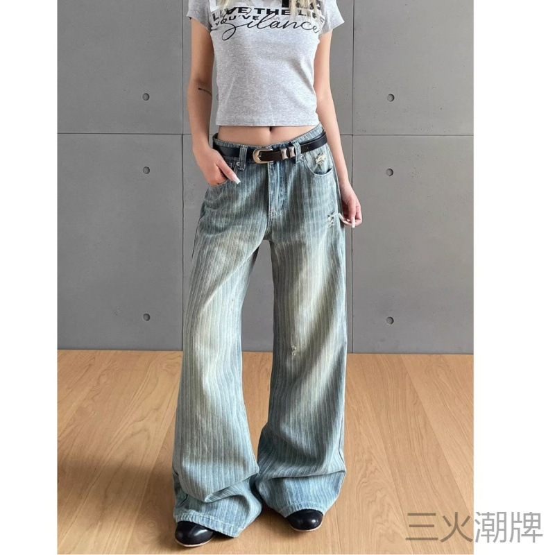 American Retro Washed Striped Jeans Japanese Style Brandless Trendy Lazy New Fashion Trendy Artistic
