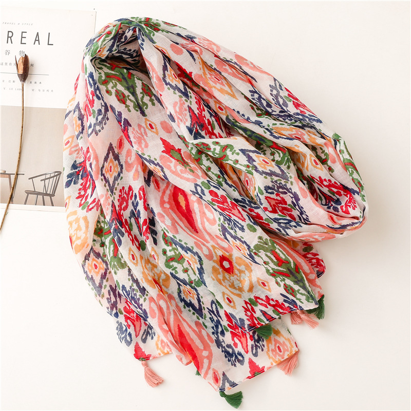 Picture of Suya Japanese Style Fresh Cotton and Linen Hand Scarf Scarf Bali Yarn Color Pop Geometric Shawl Scarf Women