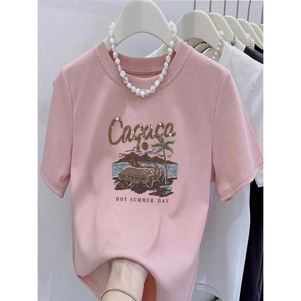 2025 New Round Neck Car Coconut Tree Printed Pure Cotton Short-sleeved Women's Slimming All-match T-shirt Top Women's A3600