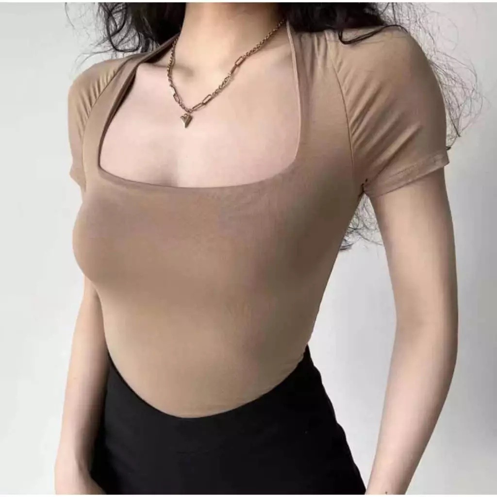 Picture of Klein Blue Square Collar Short-sleeved T-shirt Women's Summer Tight Big Neck Collarbone French Style Retro Sexy Half-sleeved Top