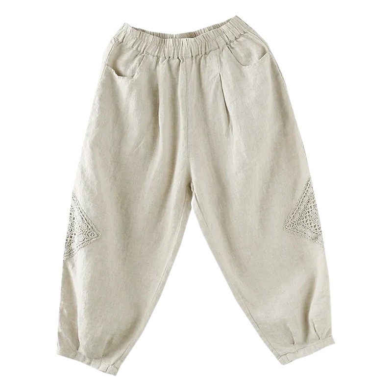 Cotton and Linen Summer New Artistic Retro plus size Covering Meat Nine-point Hallen Pants Lace Lace Padded Women's Cotton and Linen Casual Pants