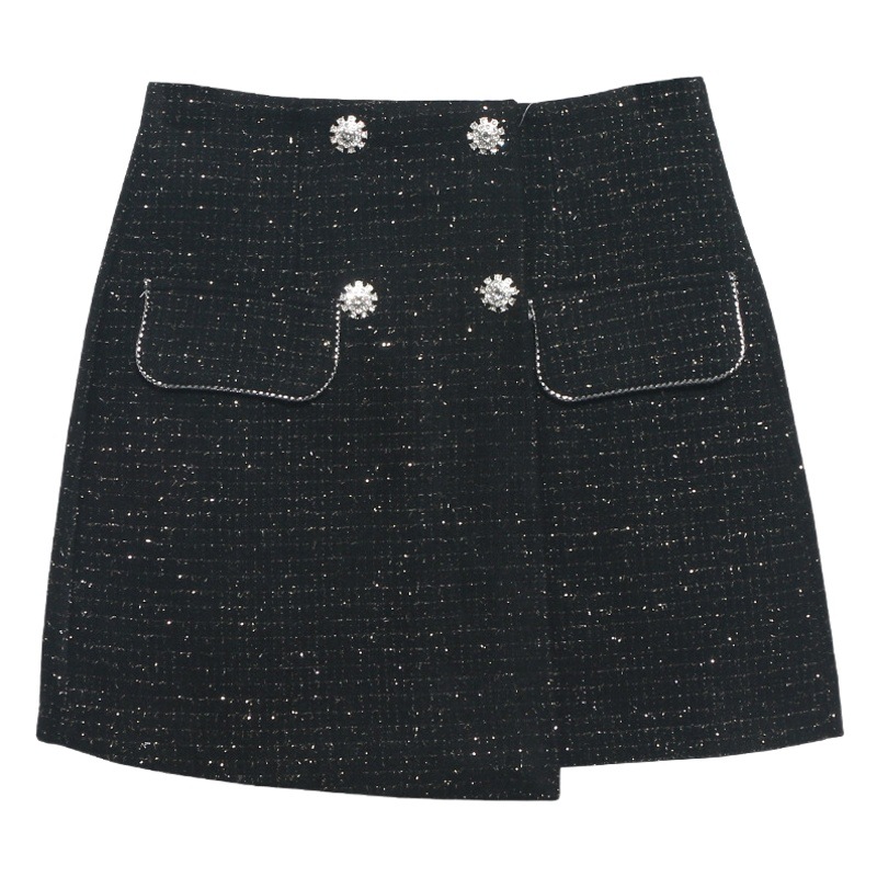 Real shot irregular woolen skirt autumn and winter Chanel style bright silk A- line high waist slimming anti-exposure skirt 8999