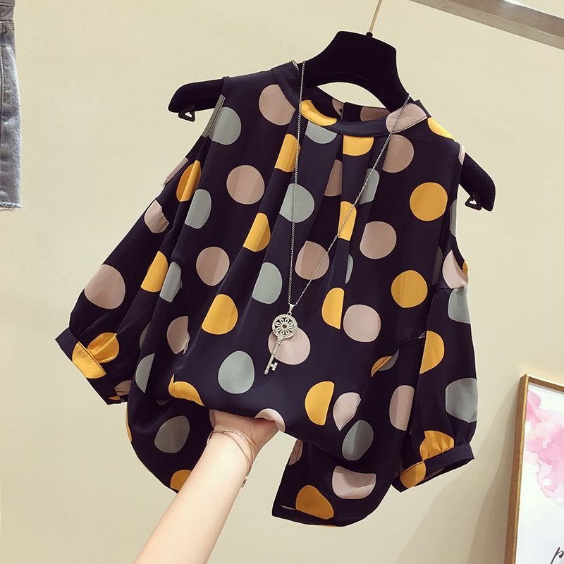 Picture of plus size Women's Clothing Summer Chubby Girl Loose Slimming Belly-Covering Foreign Style Top Polar Point Shoulder Short-Sleeved Chiffon Shirt