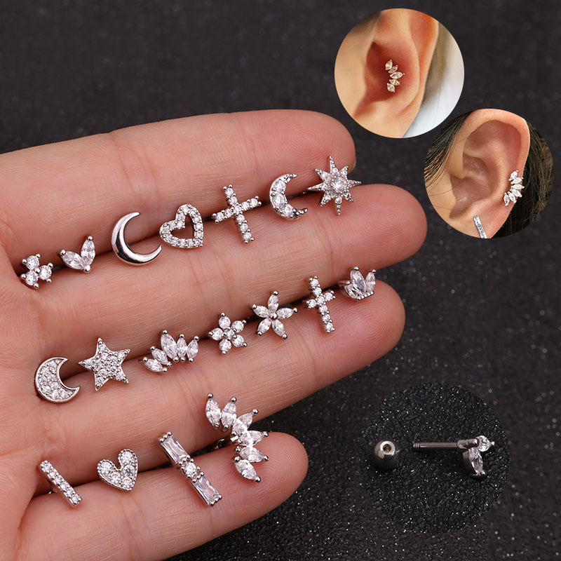 Picture of Titanium Steel Stainless Steel Rod Micro-inlaid Zircon Crown Ear Nail Screw Screw Ball Fashion Earrings European and American Piercing Jewelry