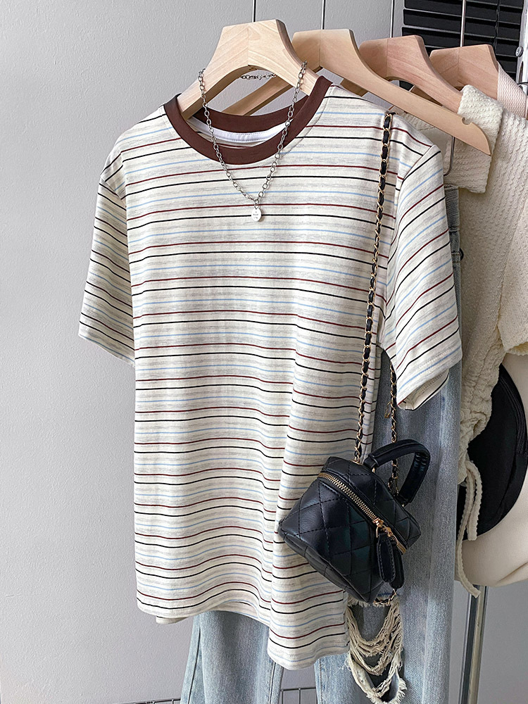Pure Cotton Vintage Artistic Casual Color Contrast Striped Short-sleeved T-shirt Summer New Korean Style Women's Casual Round Neck Top