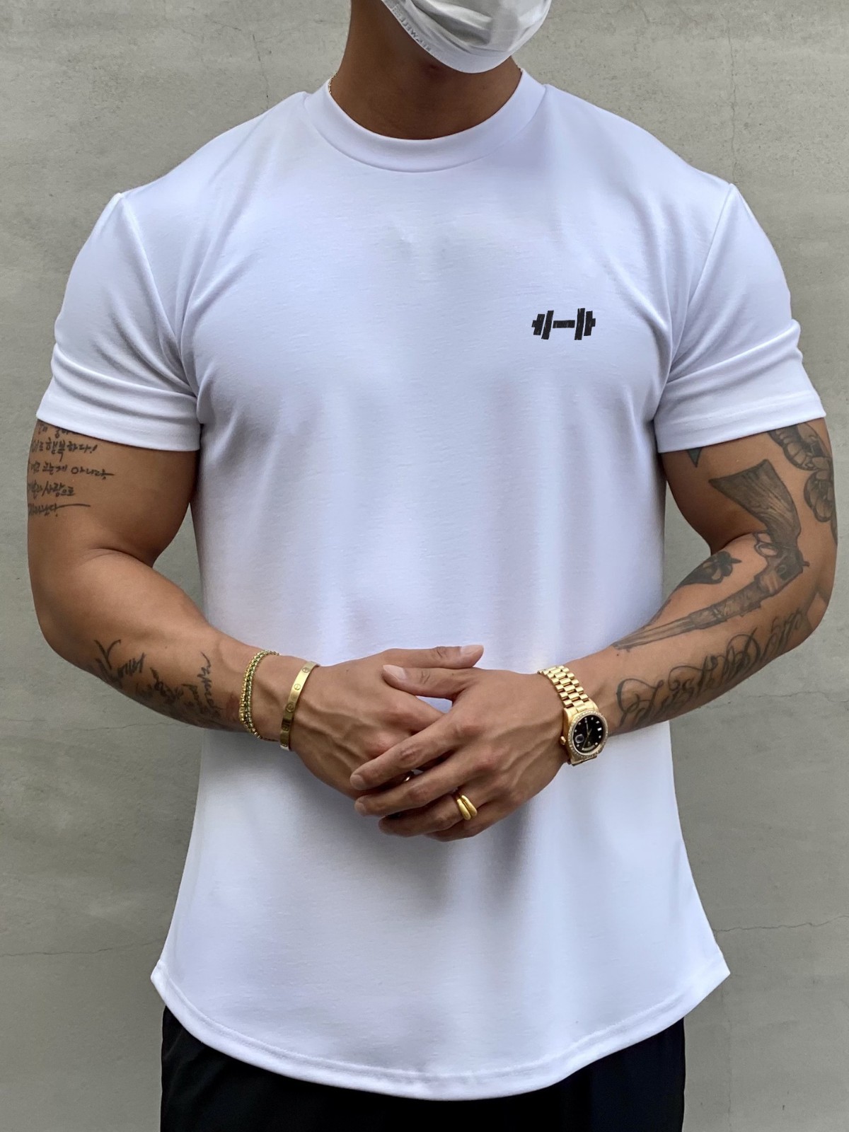 Trendy Ice Porcelain Cotton American-Style Compression Fitness Shirt with Muscle-Showing Arc Hem Short-Sleeve Summer Training Sports T-Shirt