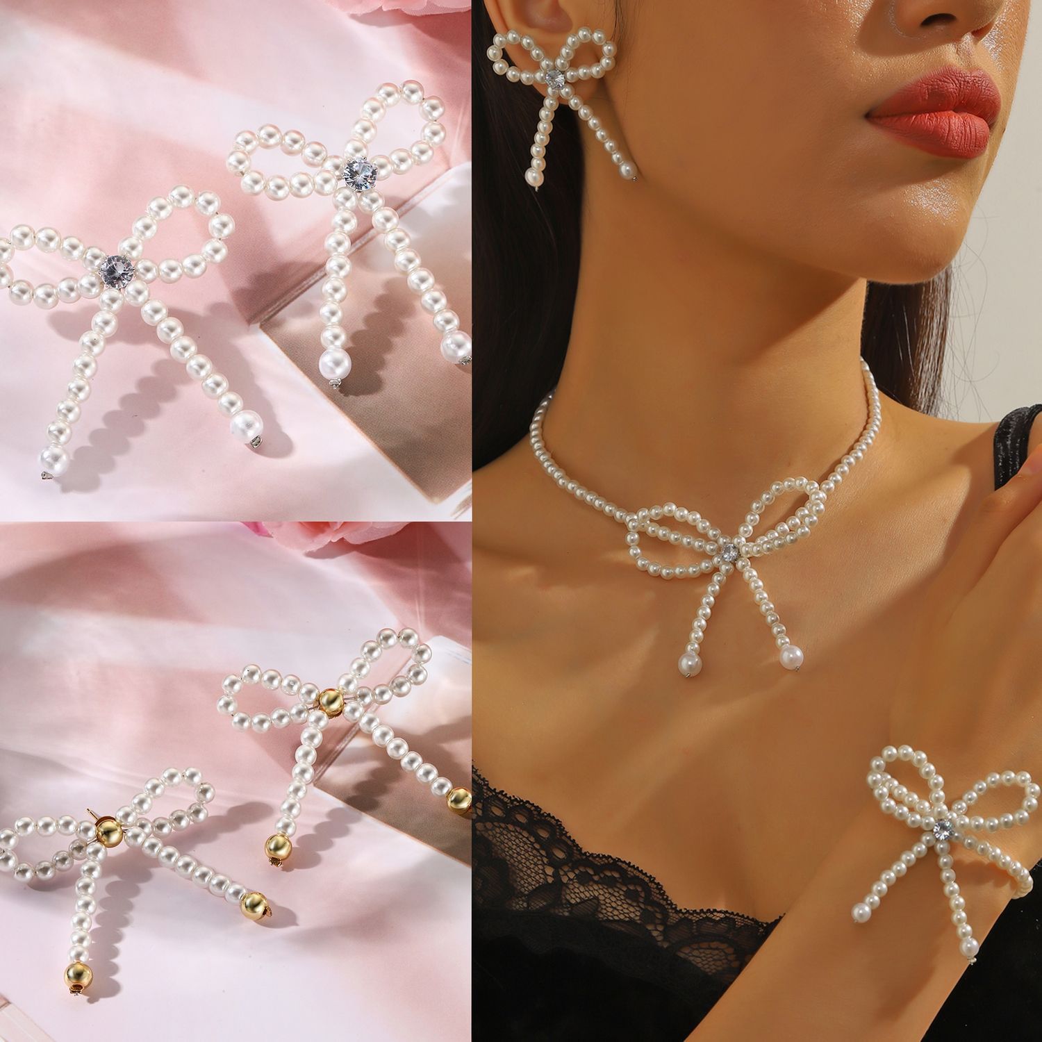 European and American Cross-border Hot Sale French Super Fairy Earrings Pearl Beaded Bow Pearl Necklace Earrings Bracelet suit