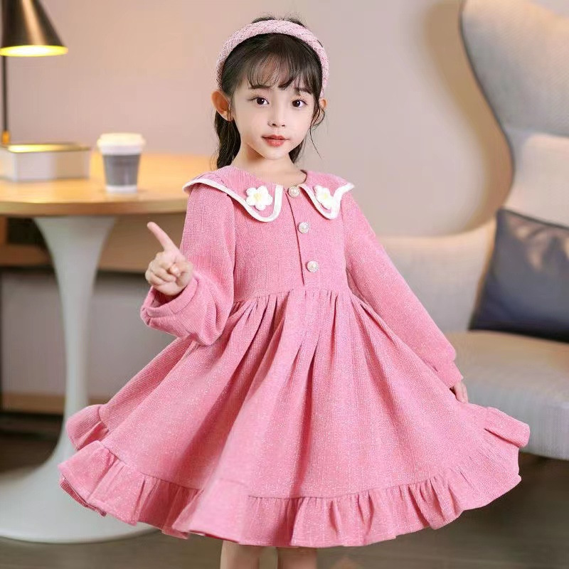 Western style single-breasted doll collar girls long sleeve dress 2024 autumn and winter fleece-lined warm girls sweet princess dress