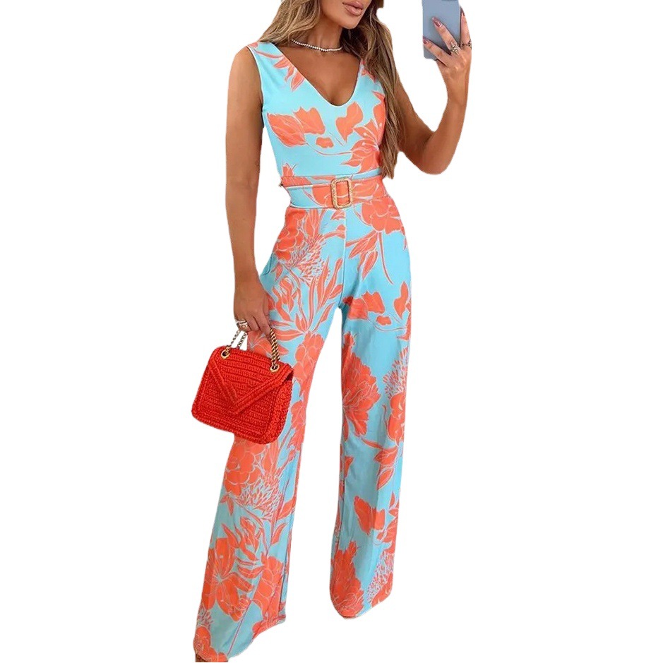 Amazon Cross-border European and American-style New Summer Women's Printed V-neck Sleeveless Slim-fit Sexy Pants