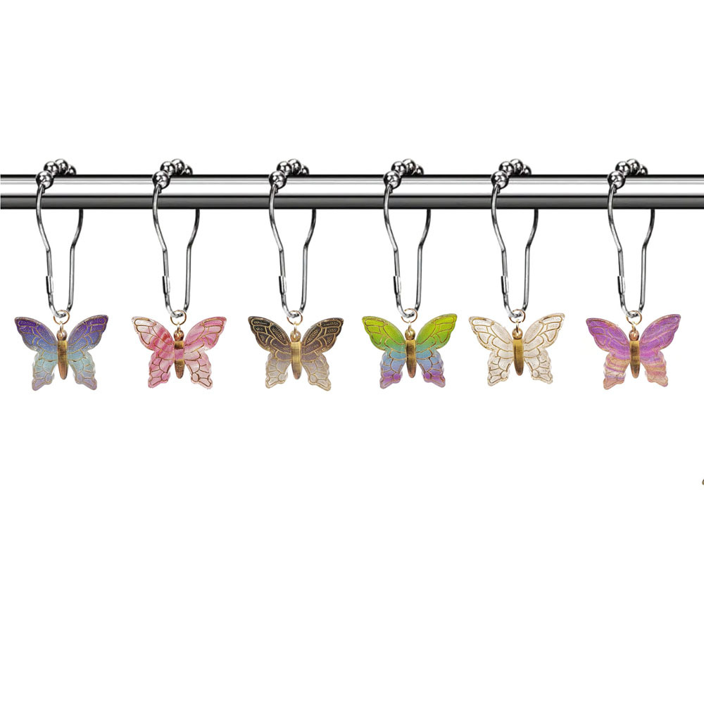 Cross-border color acrylic butterfly shower curtain ring hook bathroom decoration shower curtain rod anti-rust belt ball shower curtain hook wholesale