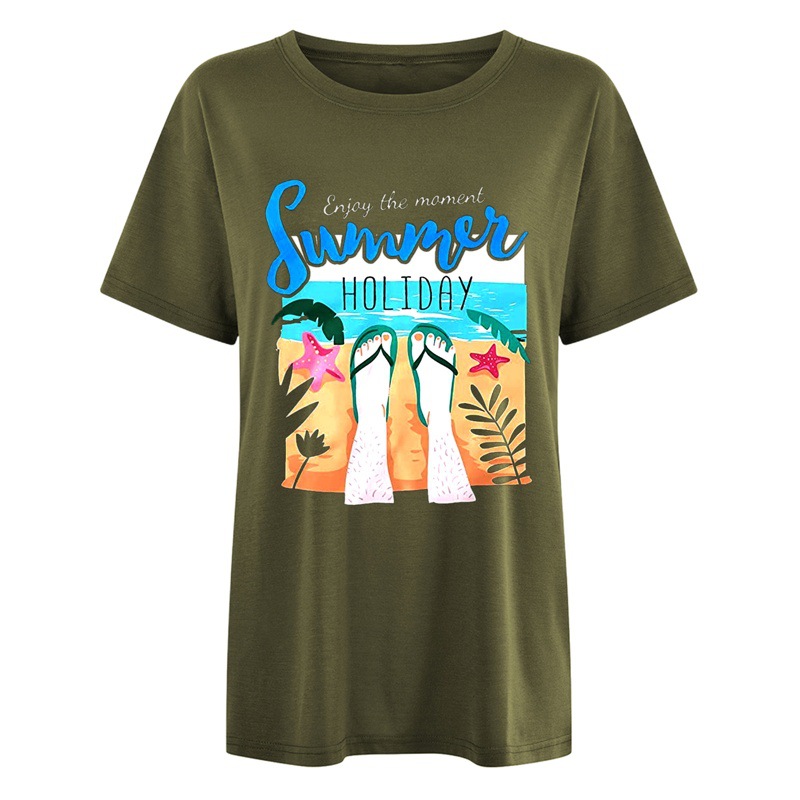 2022 Cross-border Spring and Summer New Shoulder Sleeve Letter Beach Seascape Pattern Women's Loose Shoulder Short Sleeve T-shirt
