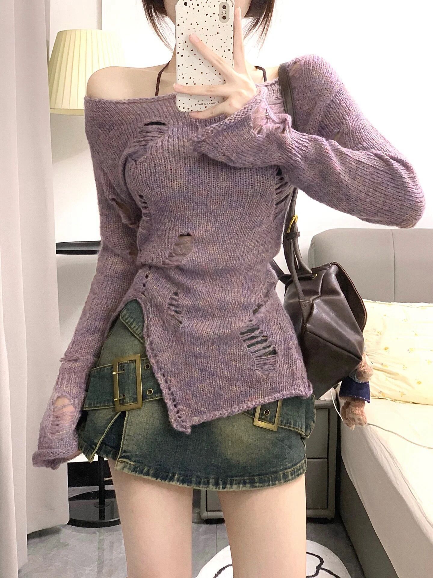 Hollow-out knit top purple top for women, 2025 early autumn new cover-up, irregular off-shoulder layer, base layer trendy