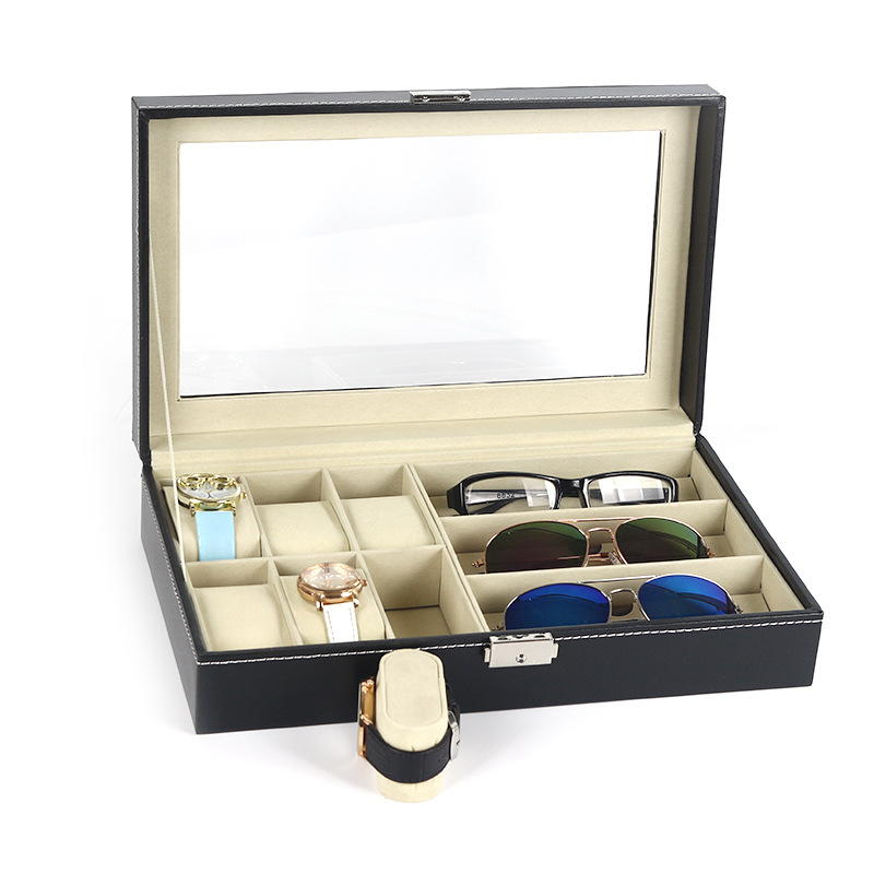 6 watches plus 3 glasses case black PU leather glasses storage box wooden watch box spot wholesale