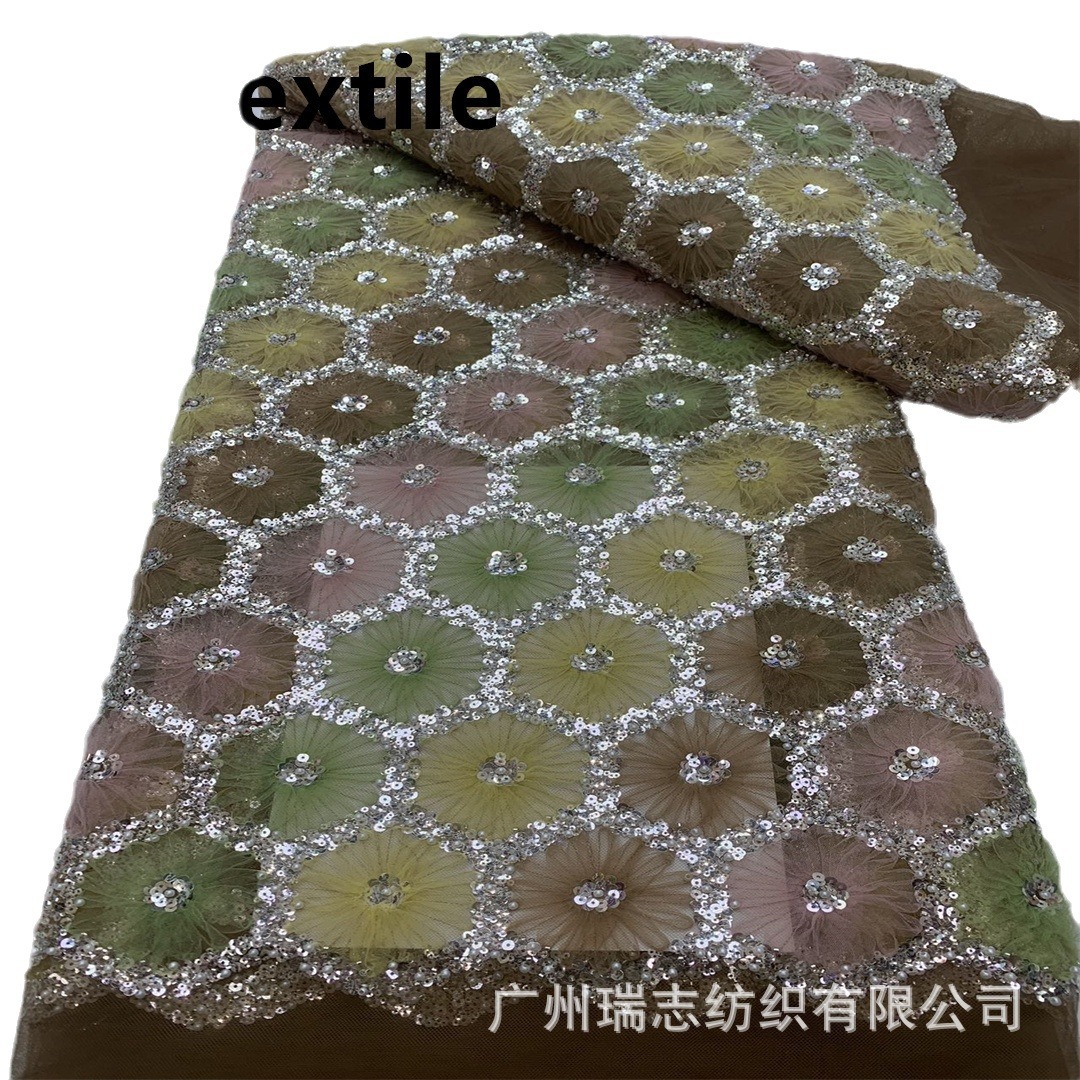 Picture of New Arrival Flower Dress dress Fabric Fashion Hexagon Sequins Bead Tube Embroidery Gorgeous Wedding Dress Mesh Embroidered Fabric