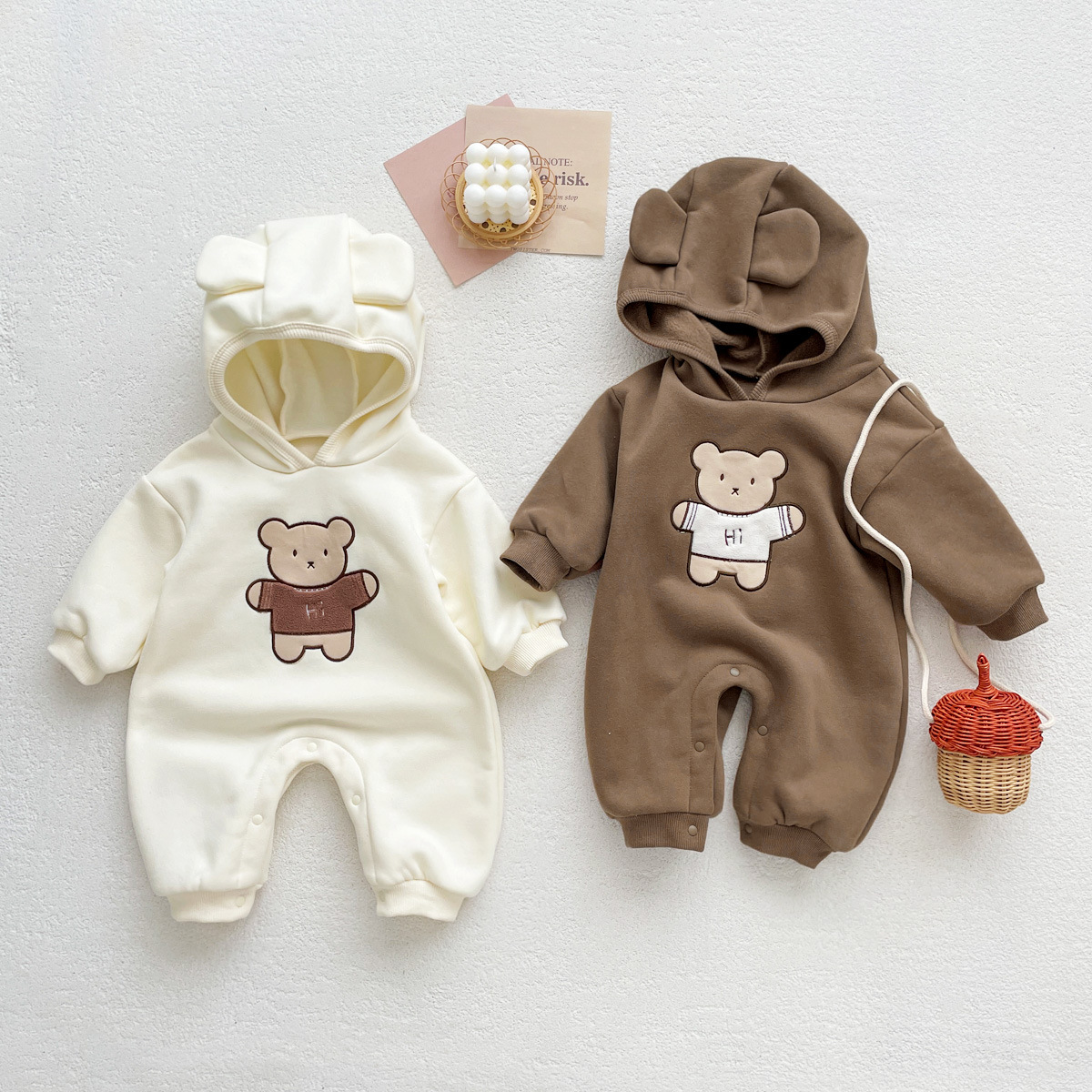 Picture of ins Korean style baby autumn and winter fleece-lined warm long-sleeved jumpsuit children's super cute cartoon bear hooded romper