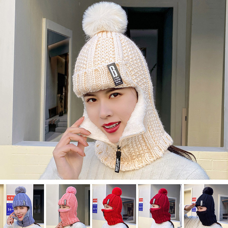 New Winter Women's Knitted Korean-style Fleece Pullover Ear Protection Cap Women's Cycling Wool Zipper Neck Warm Hat