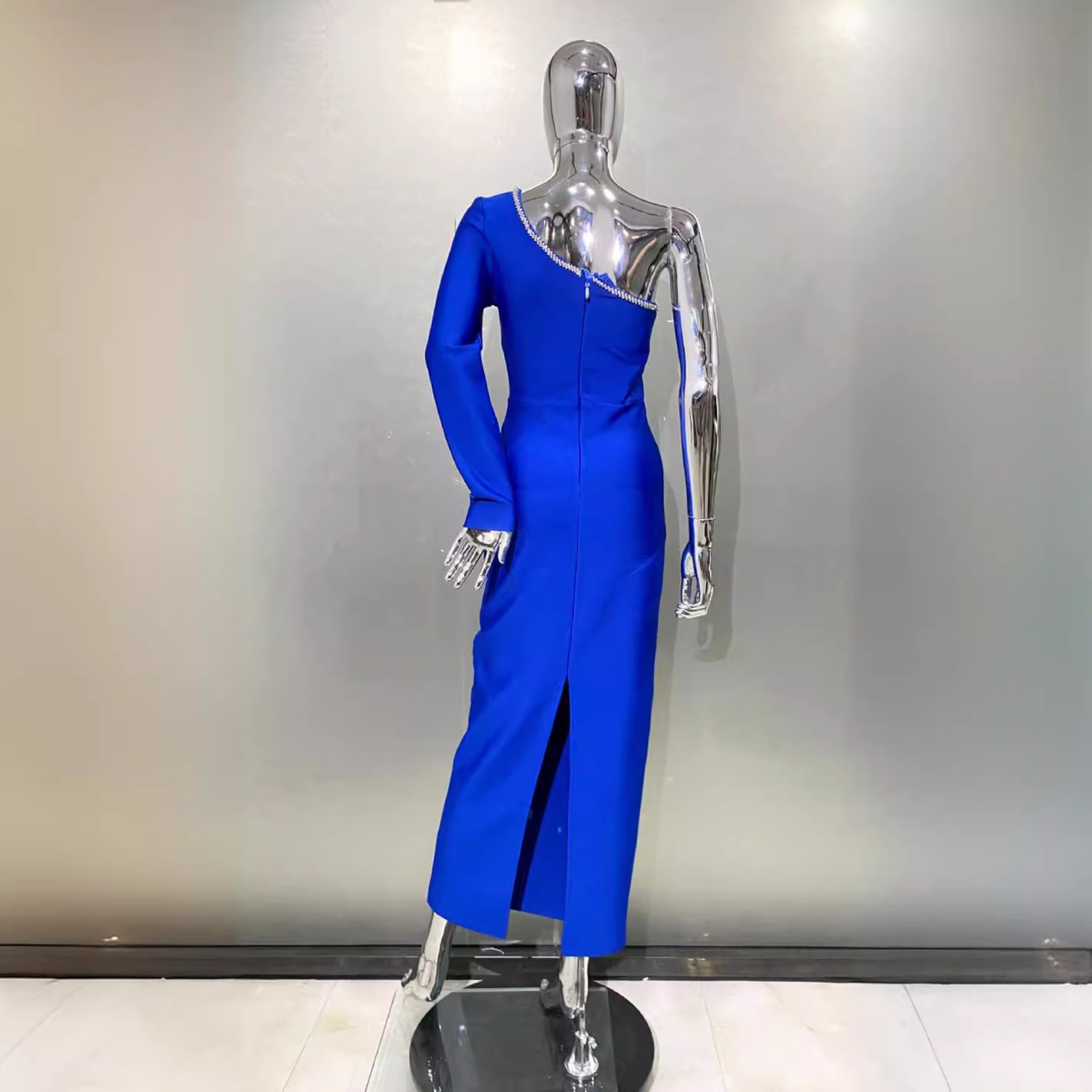 Picture of Blue Fashion Shoulder Long Sleeve Hollow Slim-fit Tight Long Bandage Hip dress Party Party Gown