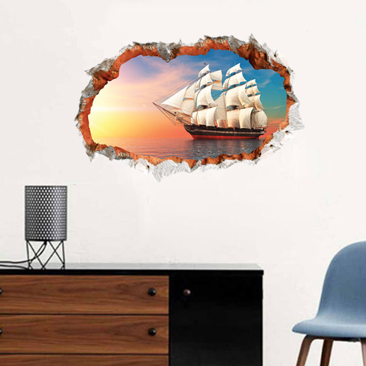 Picture of Clearance Wall Stickers Fashion 3d Sailing Decorative Stickers Personalized Bedroom Living Room Broken Wall Background Removable Wall Stickers