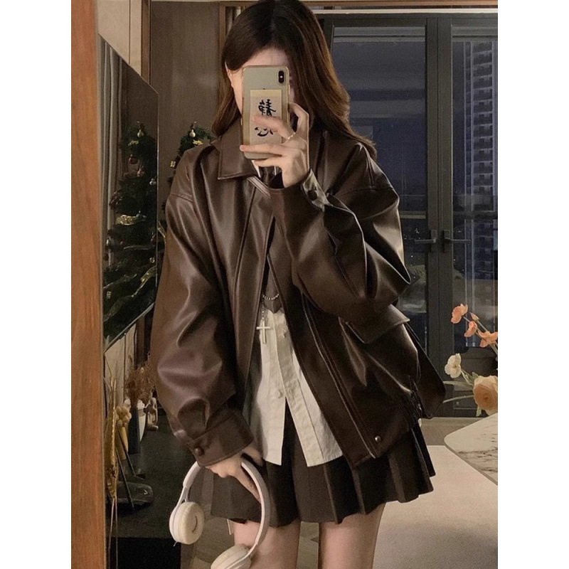 Chanel-Style Short Leather Jacket for Women, New Autumn and Winter American Style Petite Leather Jacket, Spring and Autumn Top
