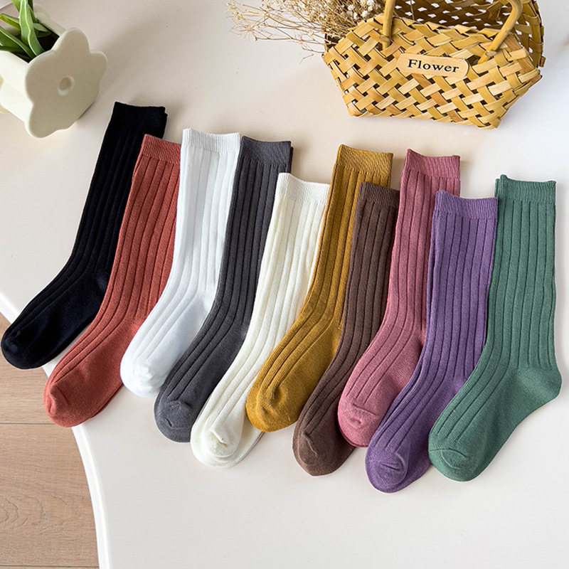 Children's socks spring and autumn breathable boys and girls Korean style solid color thick stripe double needle baby mid-calf cotton socks factory wholesale
