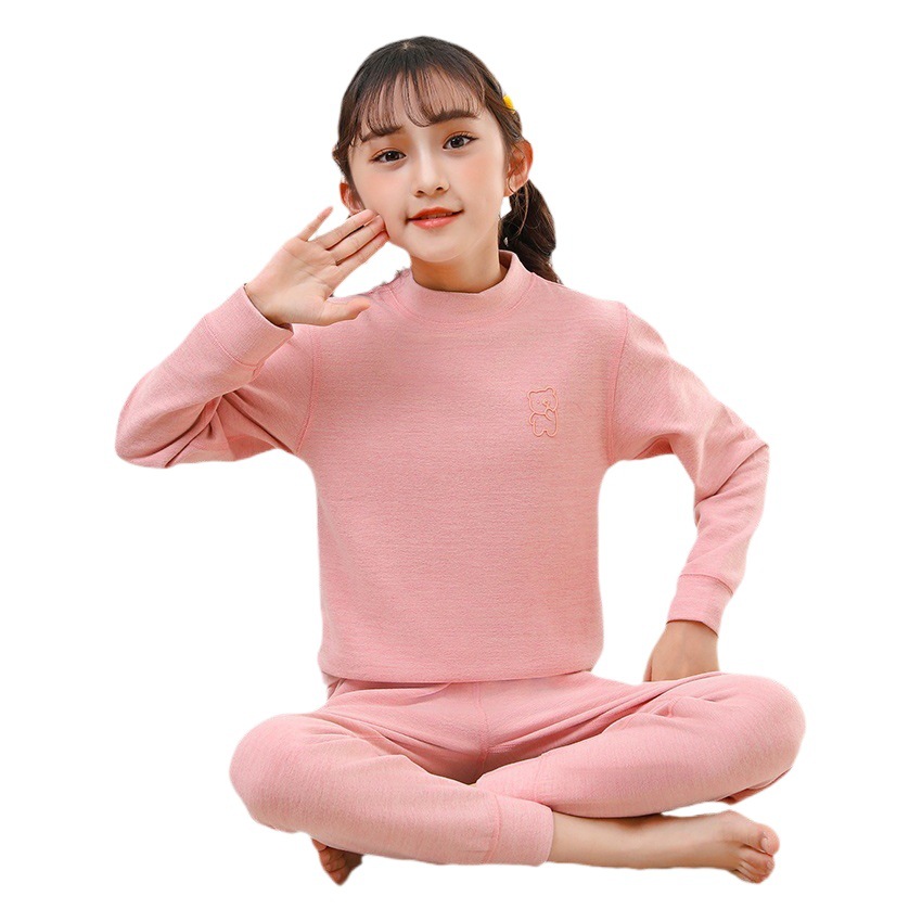 Children's seamless thermal underwear boys and girls autumn and winter double-sided brushed home pajamas middle collar autumn clothes long pants for middle school students