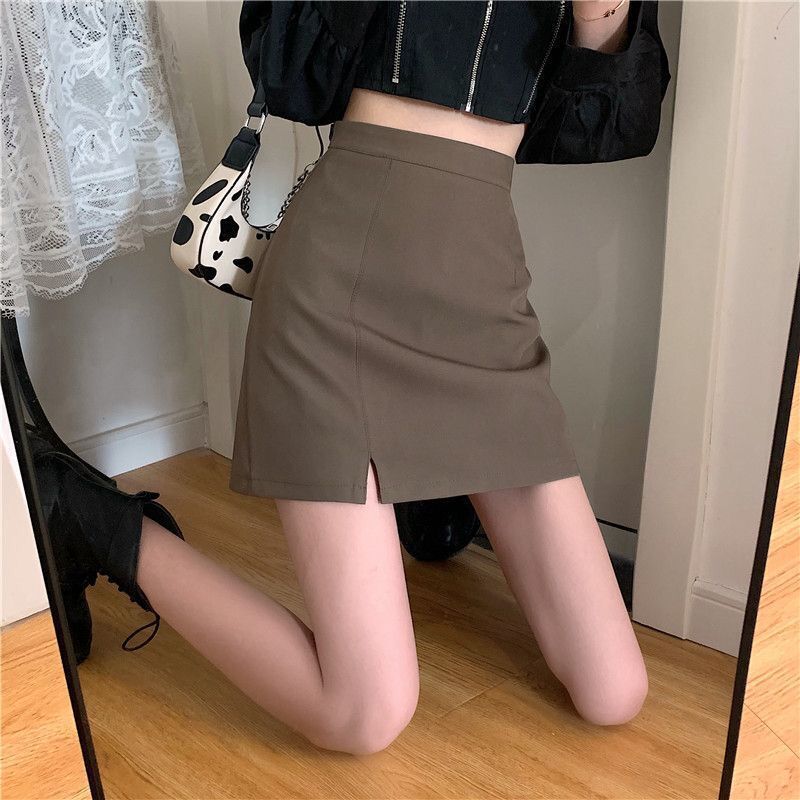 New A- line Split Skirt Girl's High Waist Slimming Skirt Chubby M Black Casual Suit Anti-running Business Skirt