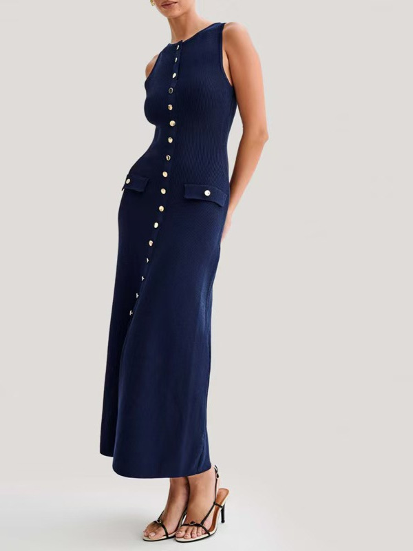 European and American Cross-border 2025 Summer New Round Neck Sleeveless Single-breasted High Waist Slim-fit Party Banquet Long dress