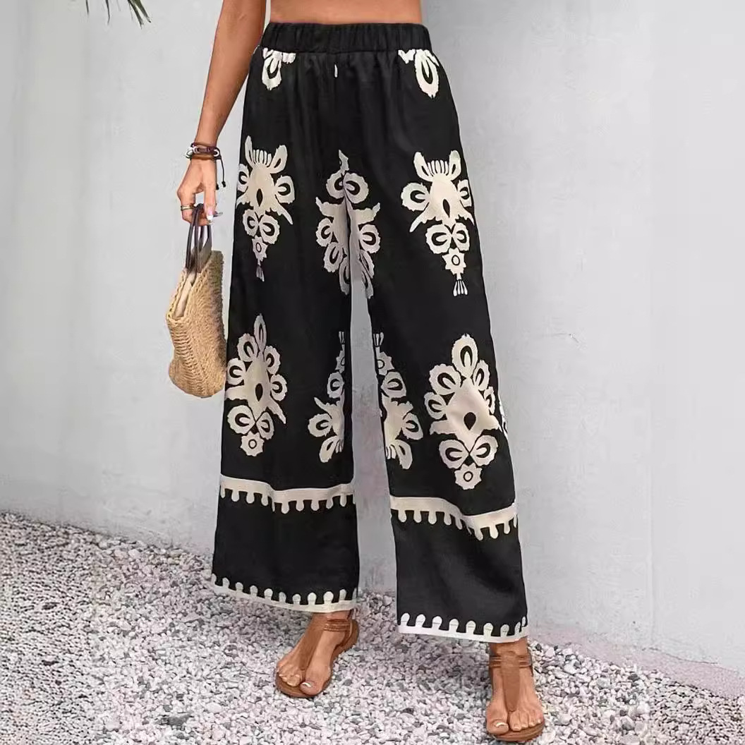 Amazon Independent Station European and American Cross-border 2024 Spring and Summer New Bohemian Totem Loose Wide Leg Pants