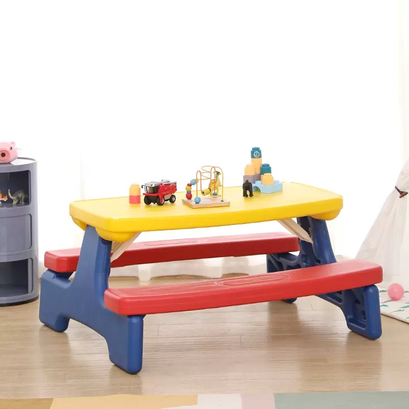 Picture of Foldable Children's Outdoor Table and Chairs with Umbrella for Four People Picnic Game Table Furniture Kindergarten Learning Desk Learning Table