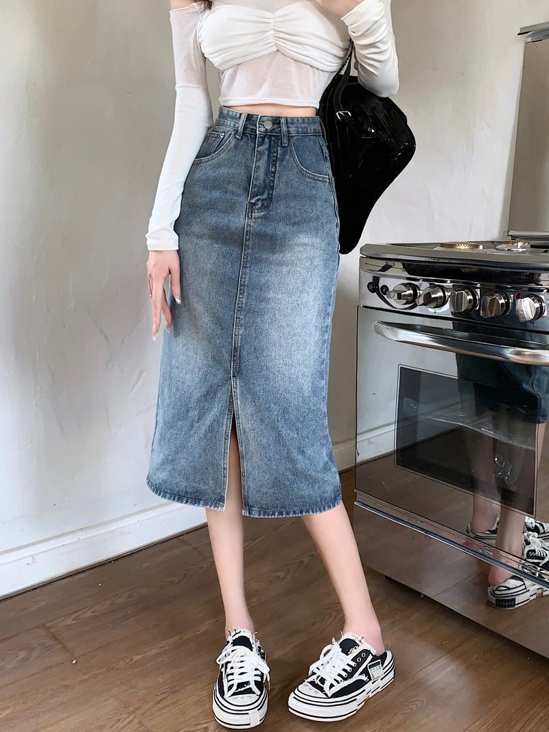 Split Denim Hip Skirt Summer New High Waist Loose Slim A- Line Skirt Retro All-Match Mid-Length Skirt Trendy