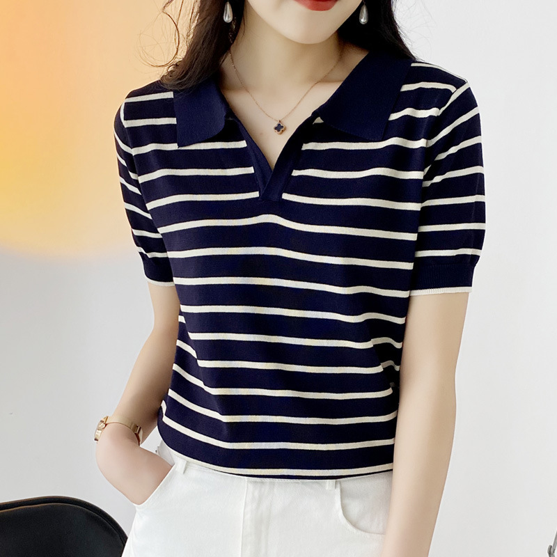 Picture of Polo Shirt Summer 2023 New Korean Striped Short-sleeved Knitted Shirt Women's Thin Slimming Polo Collar T-shirt