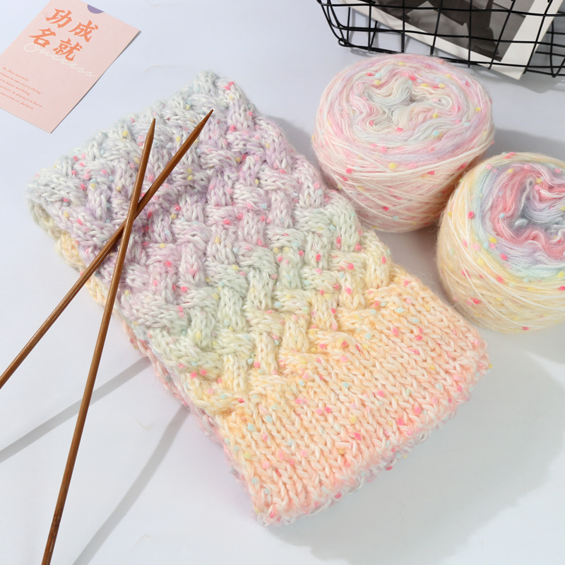 Factory wholesale handmade diy gradient rainbow sugar scarf thread beanie scarf wool ball woven material bag