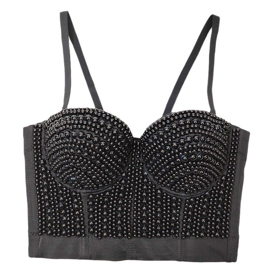 European and American Heavy Industry Beaded Bra Outer Wear Fashion Pearl Wrap Chest Tight Short Fishbone Vest Style Body Shaping Top for Women