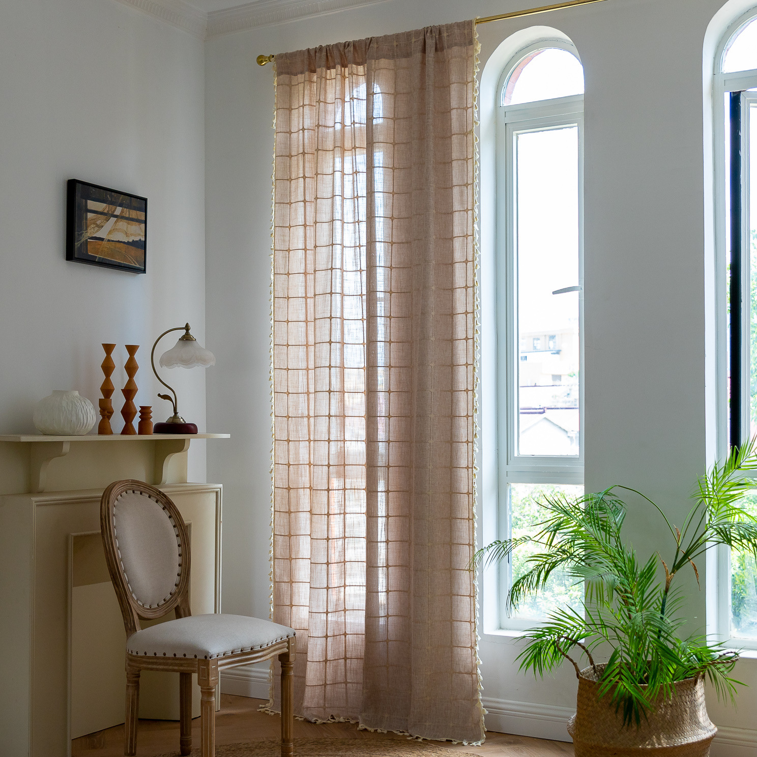 Picture of US Amazon New Cross-border Curtain Finished Decoration Living Room Bedroom Tassel Brown Square Plaid Short Curtain