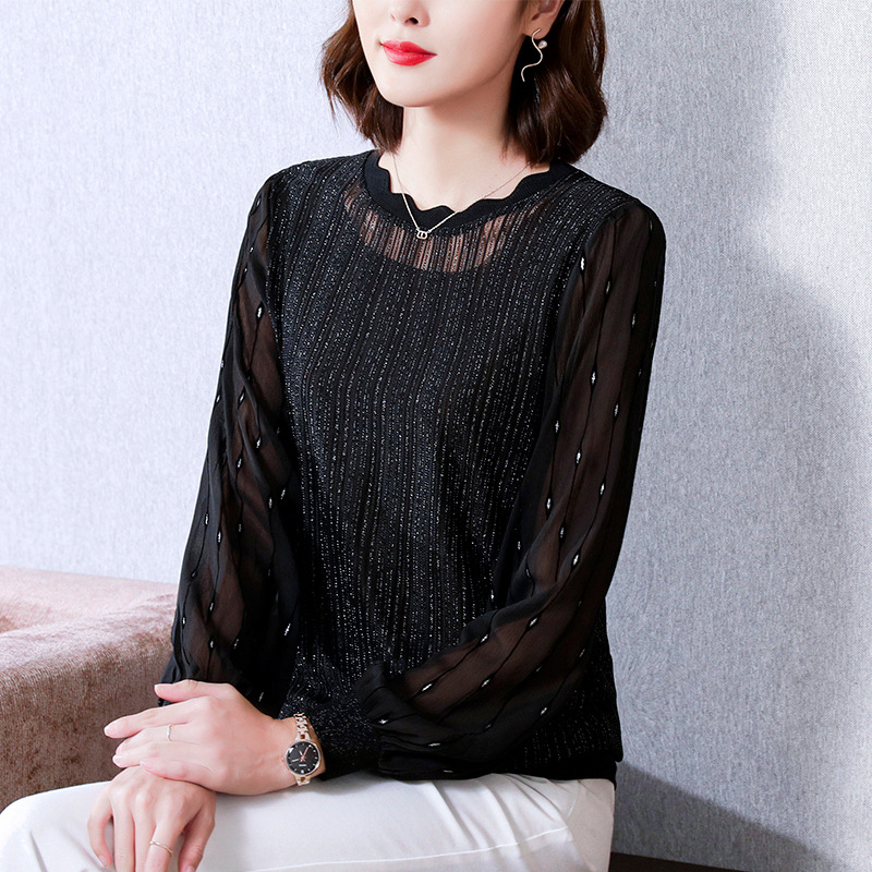Round neck lace undershirt for women 2023 Spring and Autumn new women's chiffon elegant long sleeve slimming top