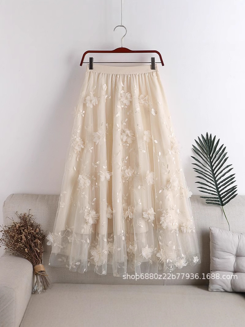 Mesh embroidered flower skirt plus size gauze skirt 2025 spring new A- word cute high waist long skirt