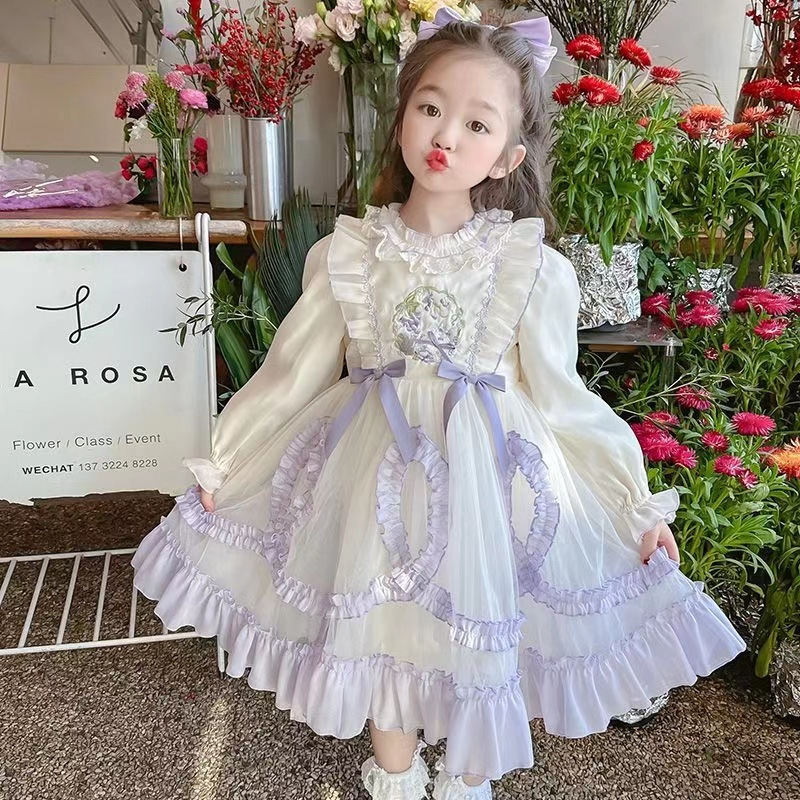 2024 autumn and winter new girls long sleeve princess skirt high sense heavy industry stitching sweet bow girls dress